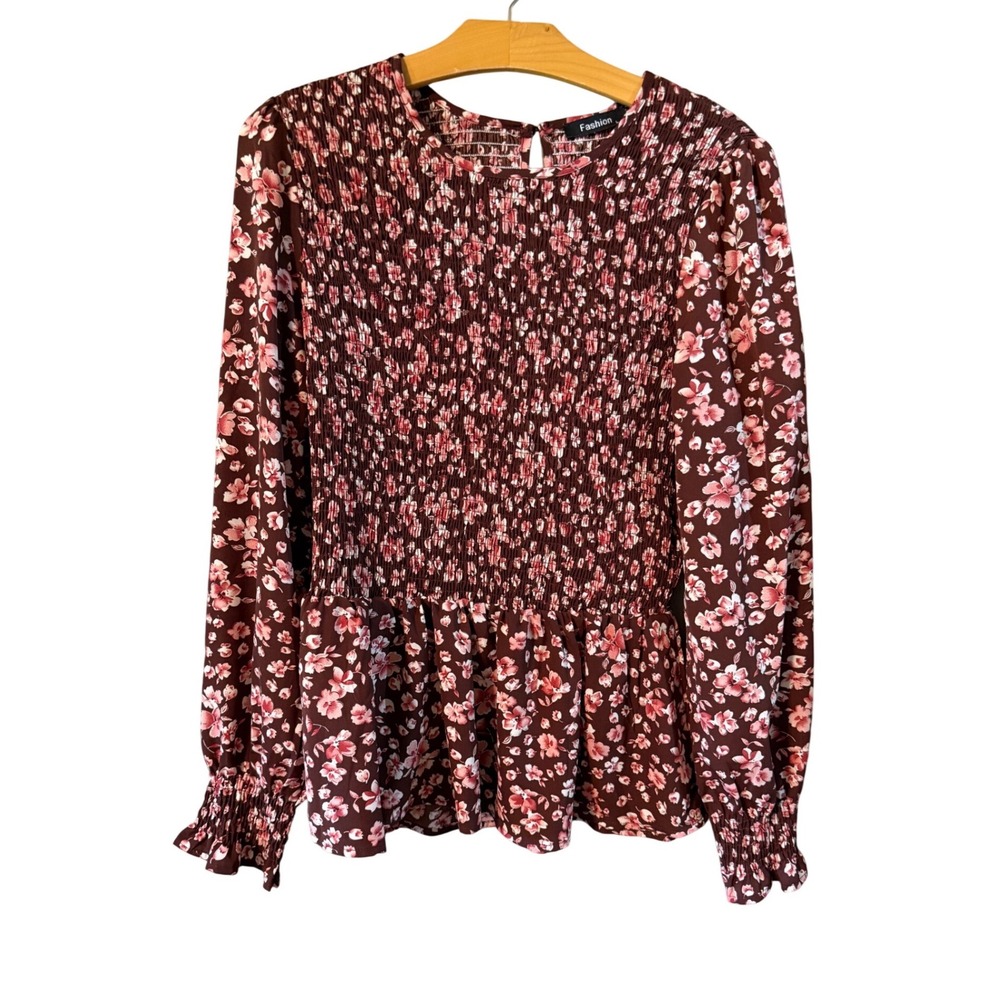 Fashion Womens Large Burgundy Floral Smocked Bodice Peplum Long Sleeve Top L